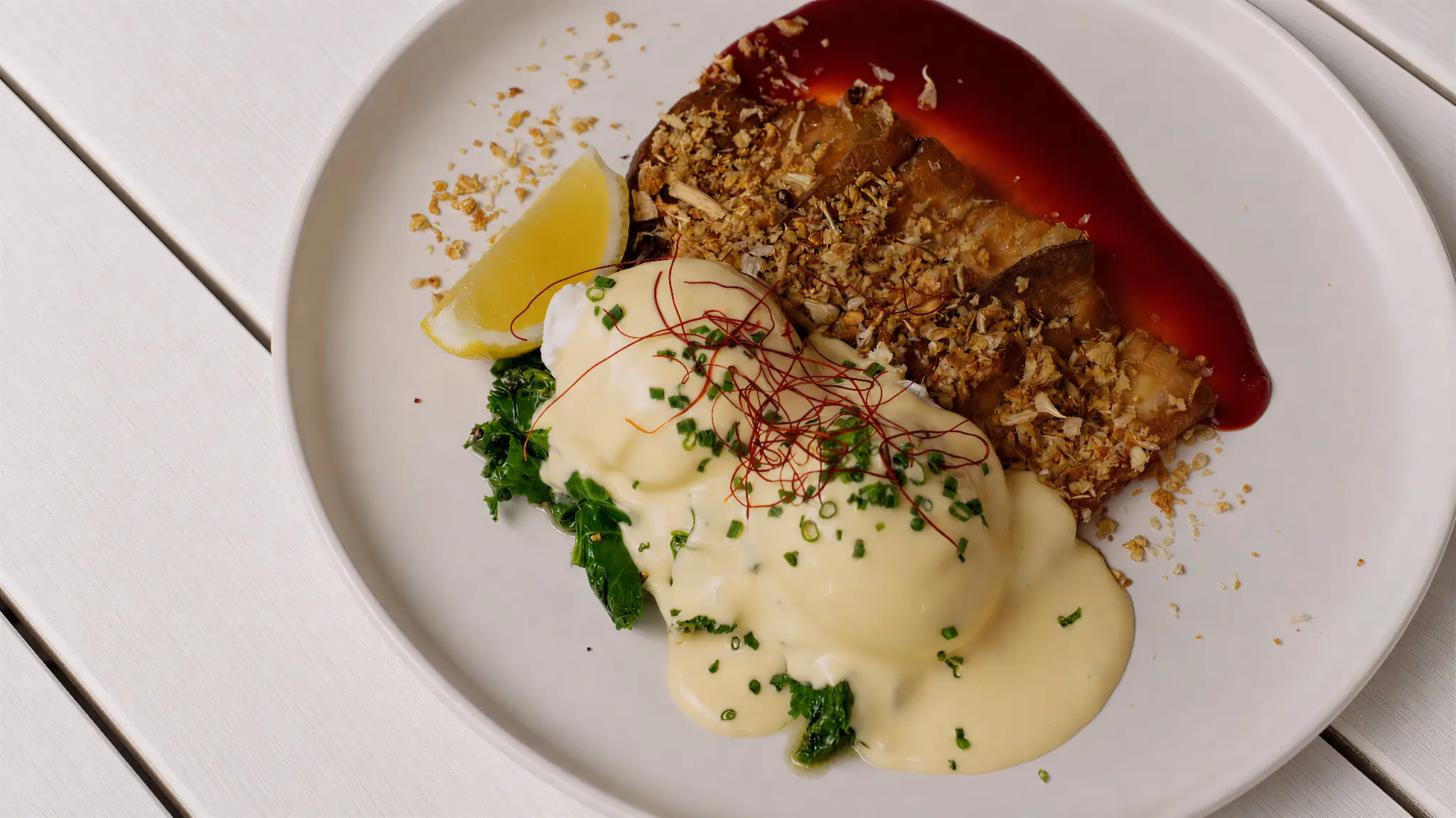 Keto Benny overhead — pork belly, hollandaise and kale at Poppies Southbank