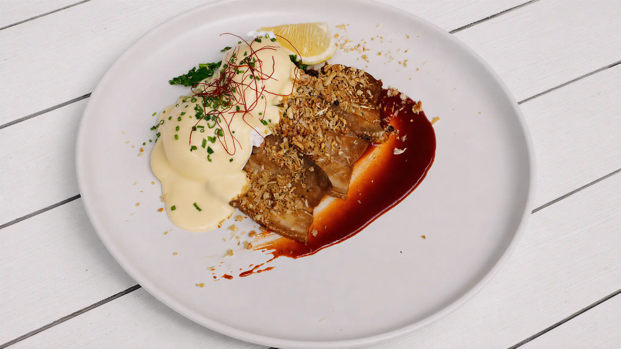Keto Benny — pork belly with chilli paste and hollandaise, Poppies Southbank