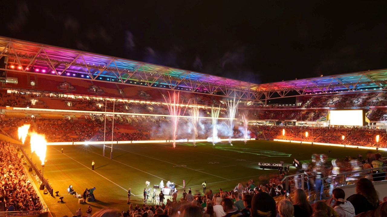 NRL Magic Round at Suncorp Stadium with fireworks and packed crowd